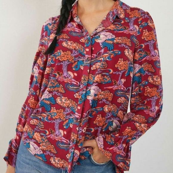 Anthropologie Maeve Bird Print Button Down Shirt Ruffle Tie Cuff  Boho Blouse 4 - Picture 2 of 16